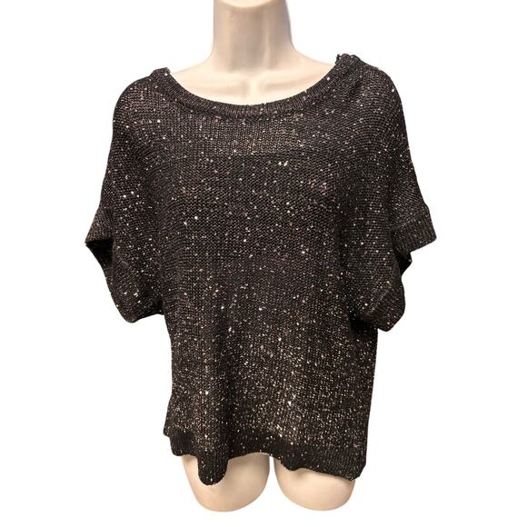 Halston Black Sequin Short Sleeve Knit Sweater Top XL - Picture 2 of 6